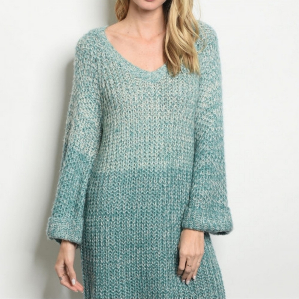 Teal Blue Puff Longsleeve Sweater V Neck Dress